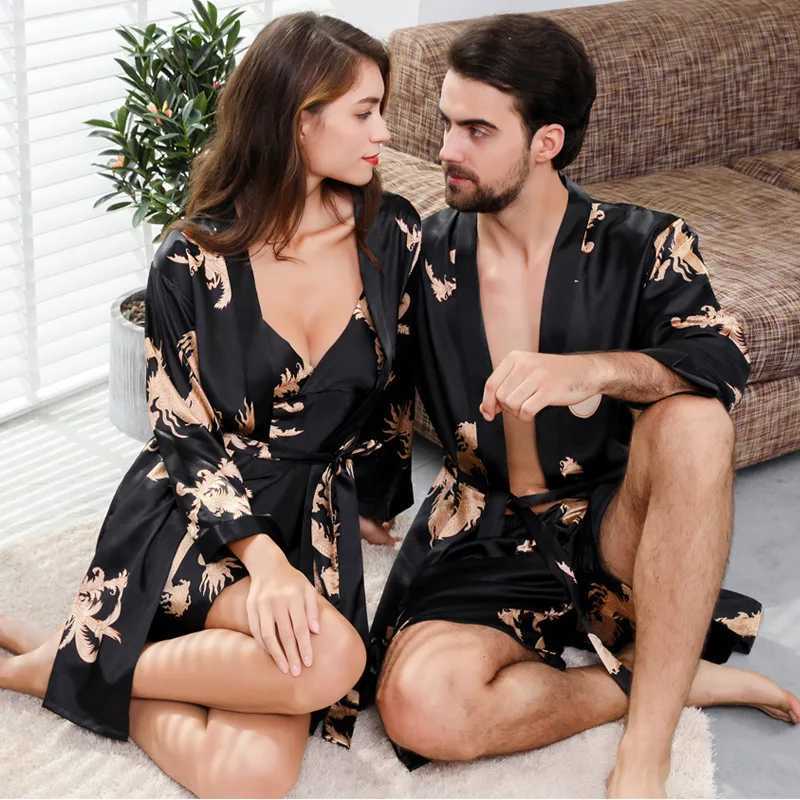 Large size 2PCS kimono bathroom dress couple Spwear home dress printed satin evening dress womens slippers evening dress mens long robe casual wear W2