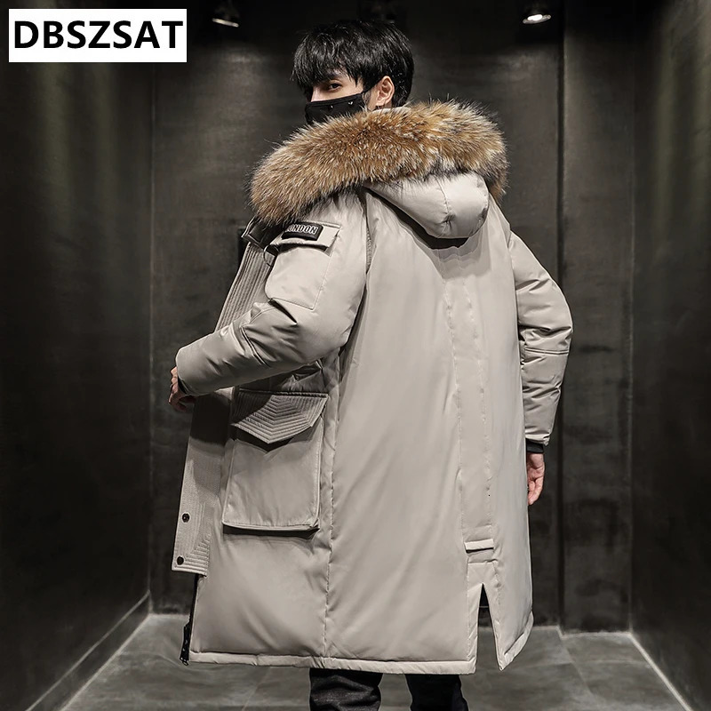 XKK 2025 Fashion Winter Coat Mens Fur Collar Thick Long Coat Mens Hooded Warm Loose Park White Duck Down Coat 241022