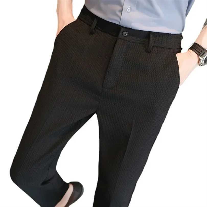 Autumn and WinterDark Green Suit Pants Mens Fashion Slim Pants Korean Style Waffle Male Trousers Black White Khaki BrownX241023