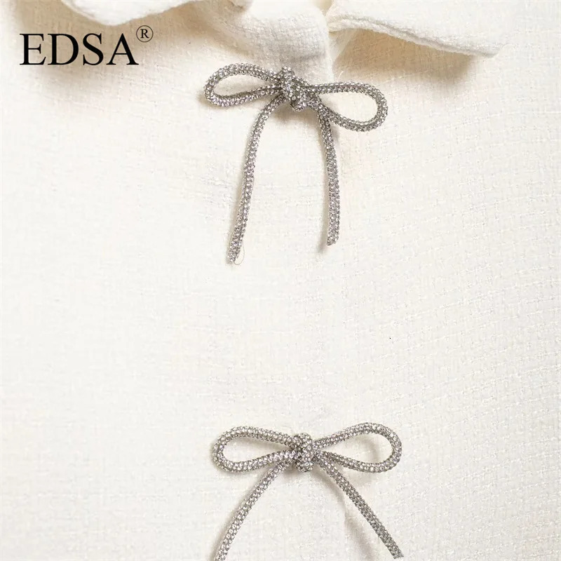 EDSA Womens White Coarse Linen Jacket with Bow Retro Single Chest Collar Long Sleeve Texture Coat Womens Unique Womens Clothing 241023