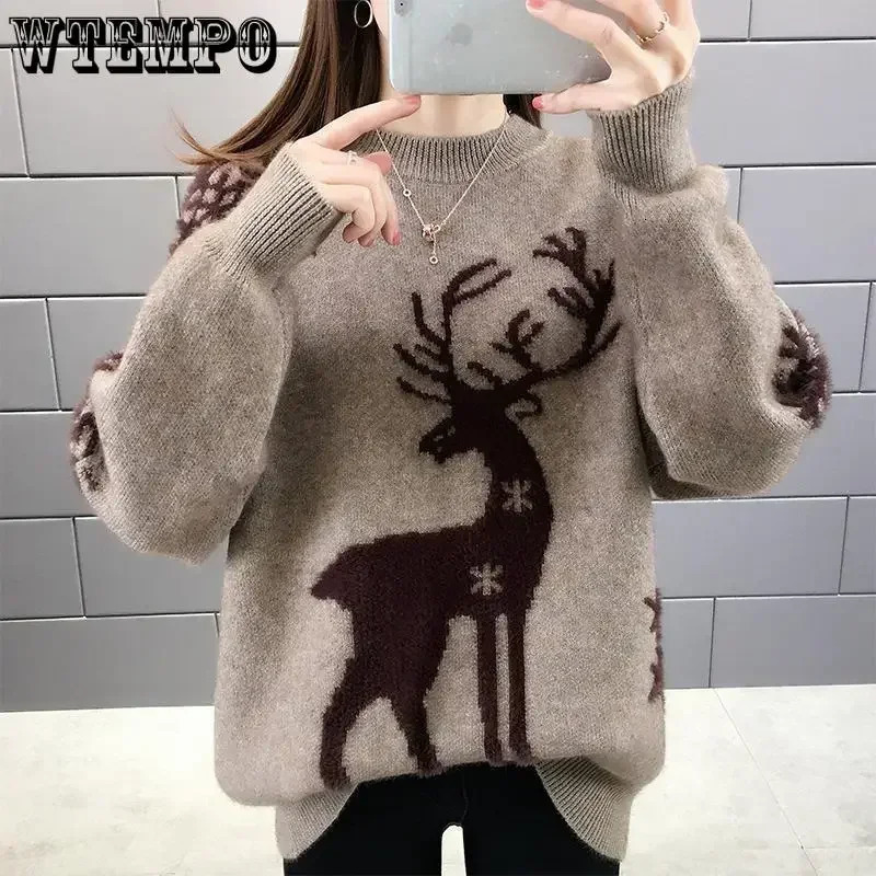 WTEMPO Christmas Year Loose Knitted Sweaters Women Autumn Winter Warm Pullover Top All Match Sweater Bottoming Shirt Female 241021