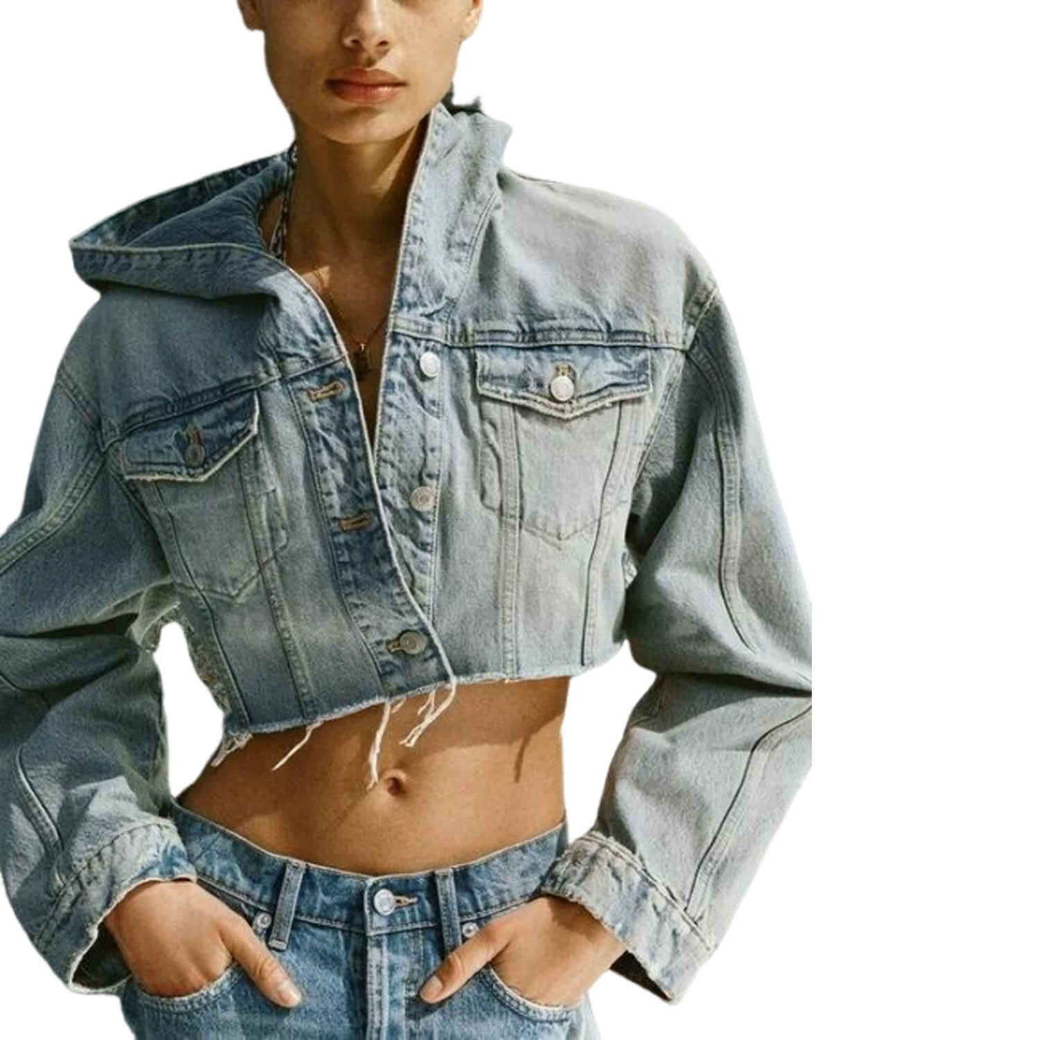 Women's Hooded Single Breasted Short Denim Jacket, Versatile Top, Long Sleeved, Casual Fashion, New
