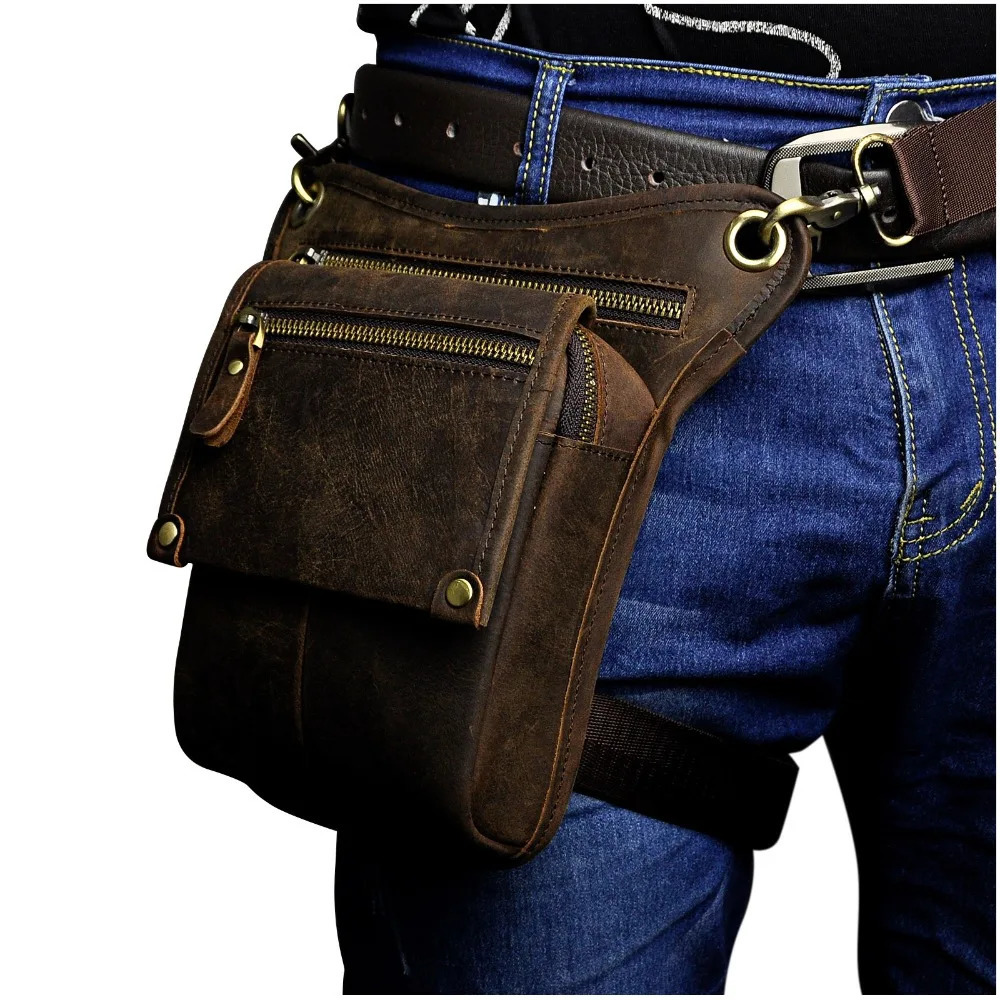 Crazy Horse Leather Mens Classic Messenger Strap Bag Multi functional Fashion Travel Belt Bag Leg Hanging Bag 211-4 241023