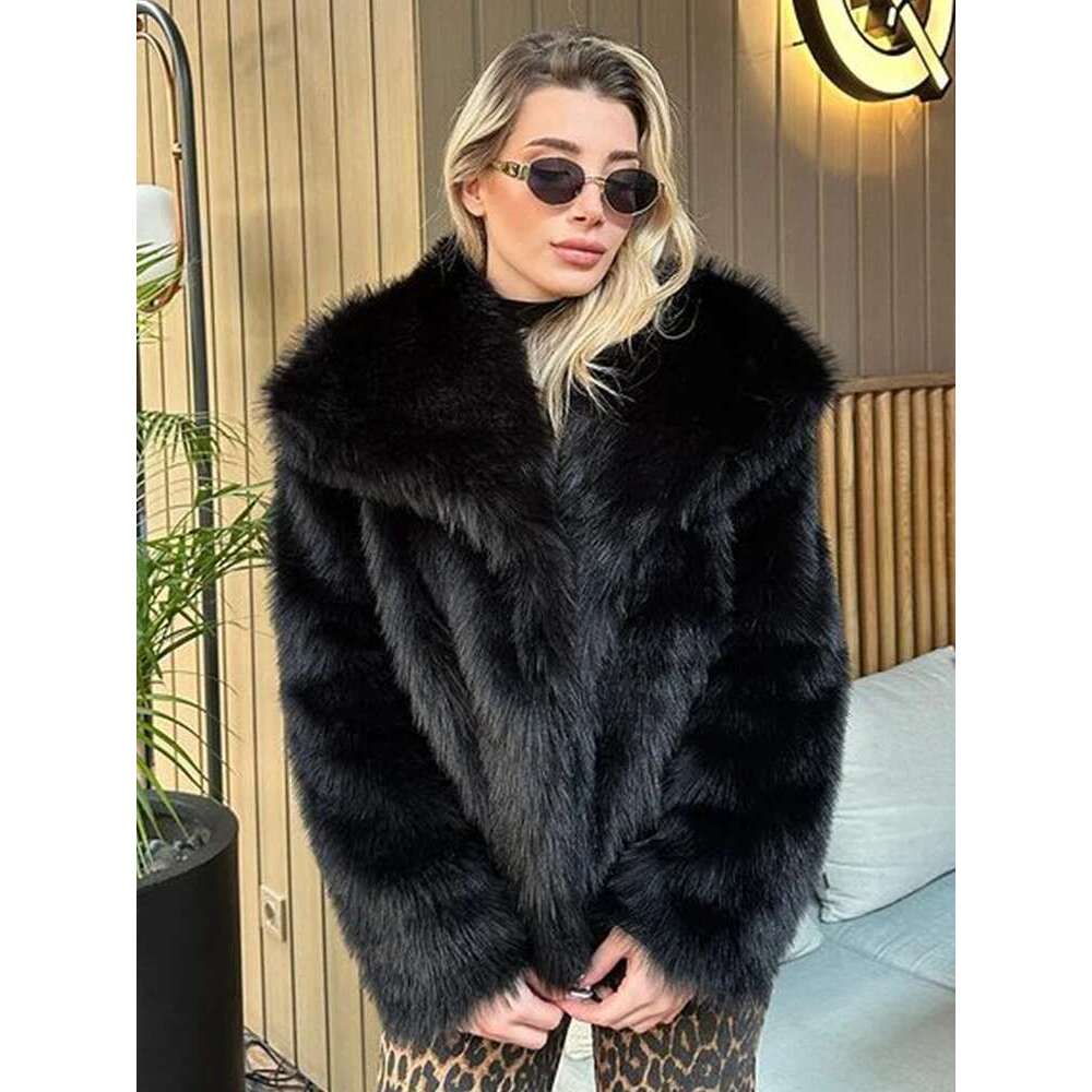 Lapel Faux Fur Jacket Women 2024 Newest Fluffy Long Sleeves Furry Coat Female Warm Gorgeous Ladies High Street Outerwear