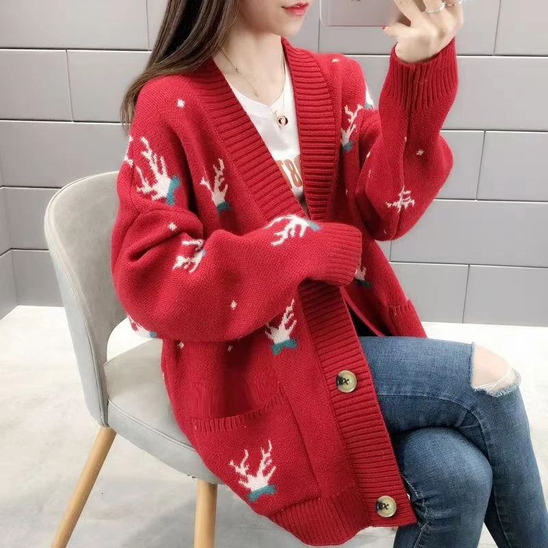 Christmas Deer Knitted Coat Femal Loose Cardigan For Women Long Sleeve Top Casual Chic Office Ladys Sweater Single Breasted 241022