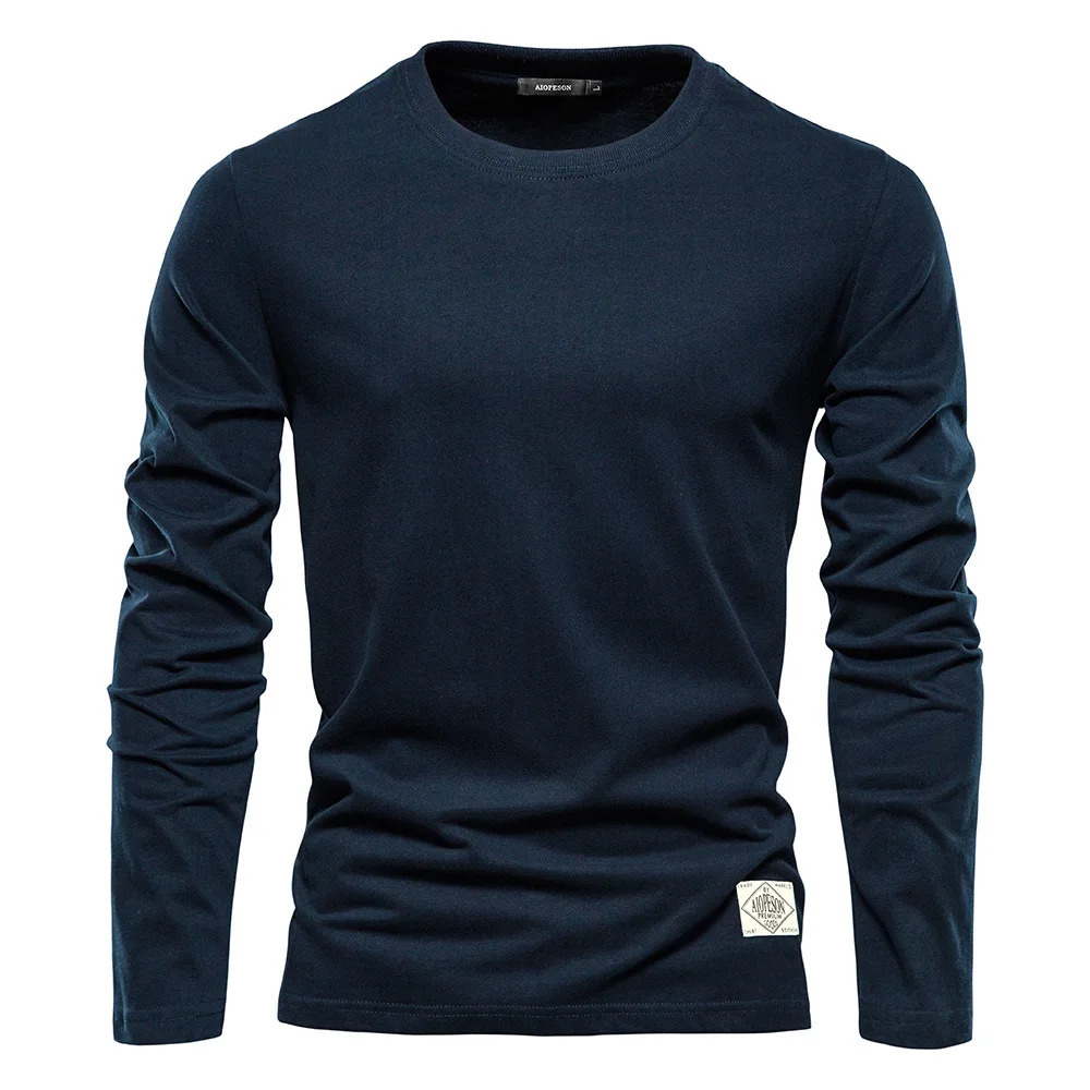 Autumn 100% pure cotton long sleeved mens solid casual mens T-shirt high-quality mens top classic mens T-shirt 241023