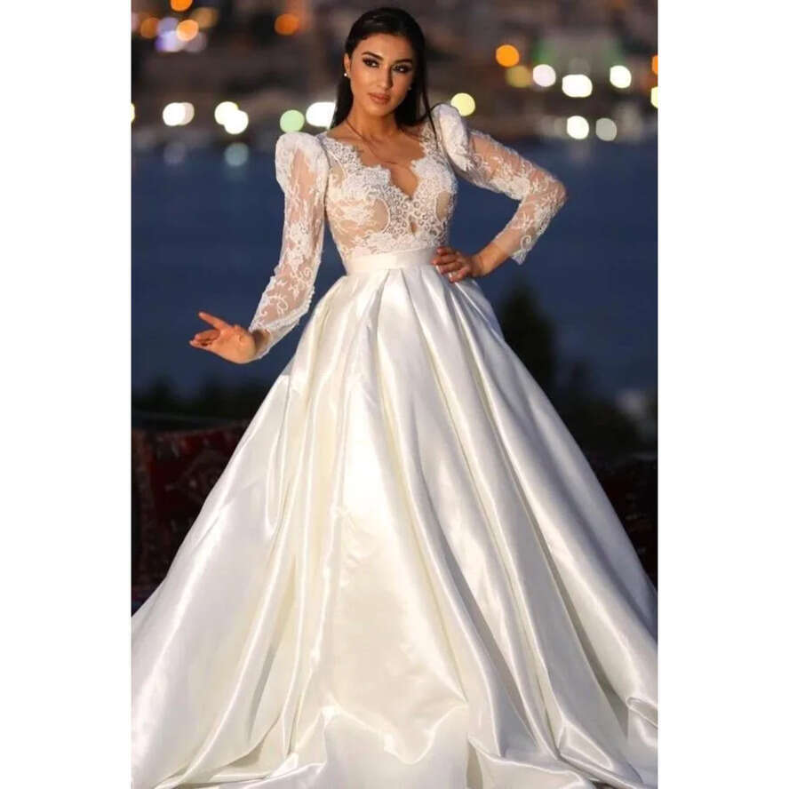 Arabic Lace Sleeve Modest Wedding Dresses A E Sheer Appliques V Neck Satin Long Bridal Gowns With Button Covered Back Bc18523 ppliques