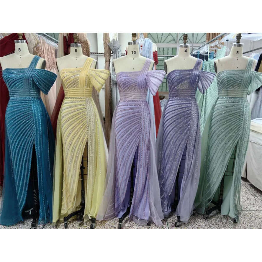 Sequins Evening Side Split Prom Dress One Shoulder Spaghetti Backless Gowns