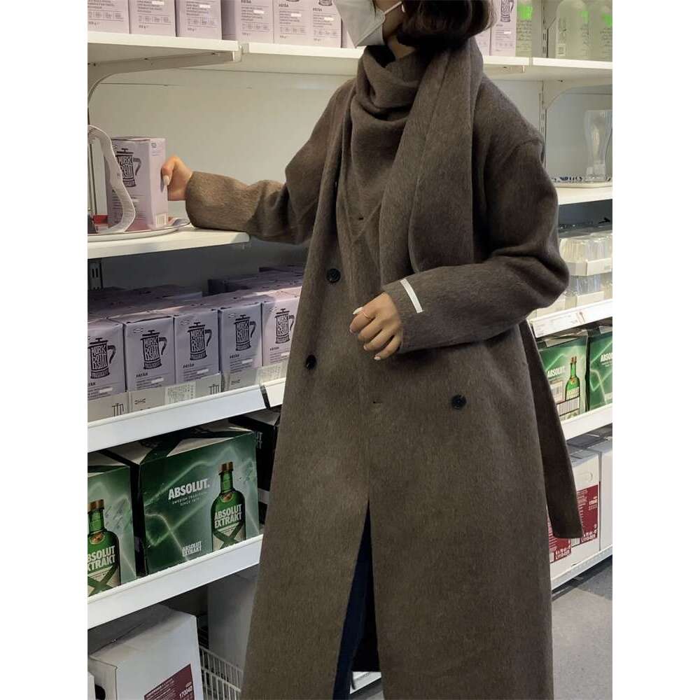 Rose Long Double-Sided Alpaca Coat Fashion Large Cape Collar Design Loose Wool Tweed Jacket Women 2024 New Winter