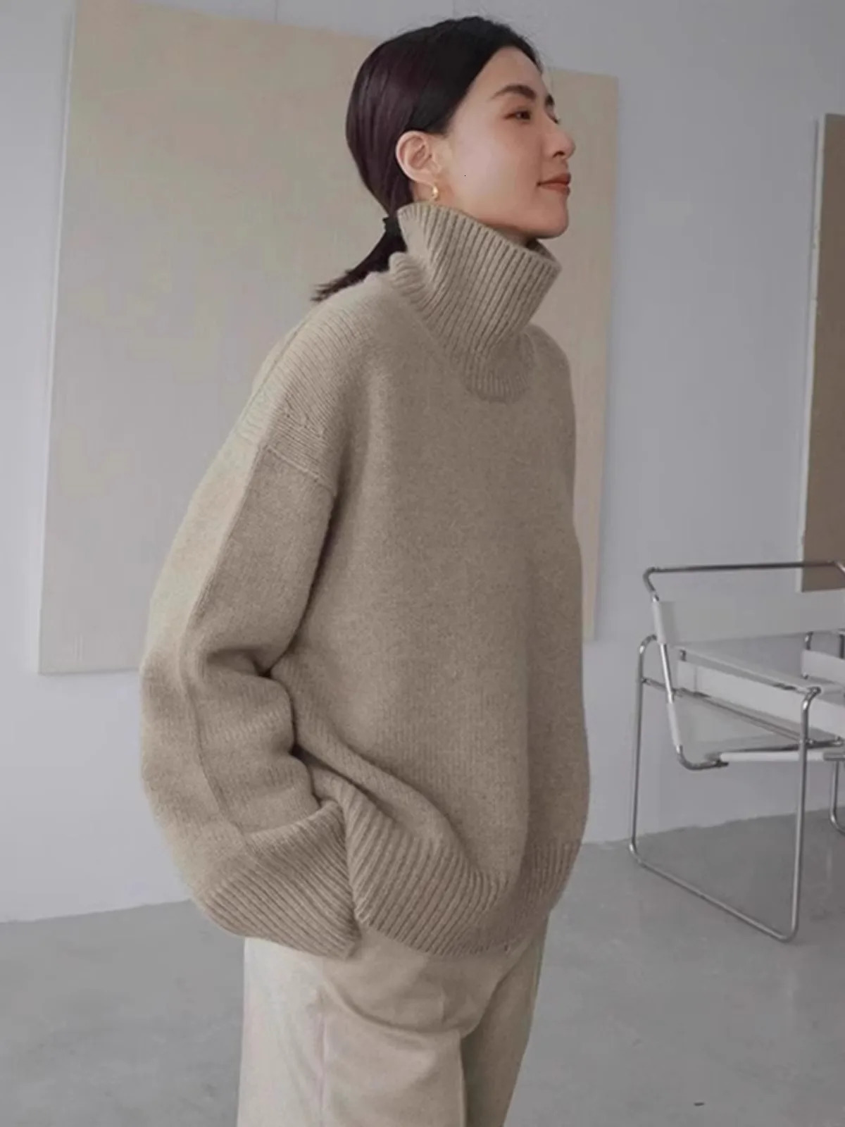 Highend soft waxy turtleneck 100% pure cashmere sweater womens lazy loose silhouette thickened base wool 241021