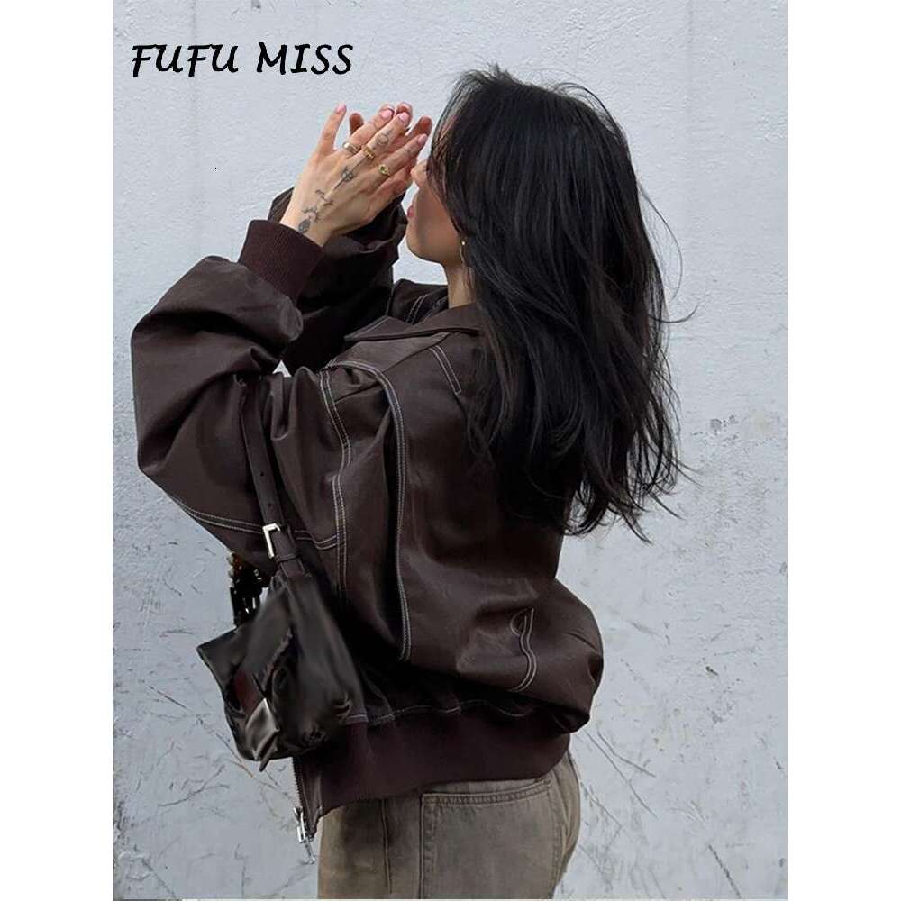 Vintage Solid Lapel Leather Jacket Women Long Sleeve Zipped Pocket Loose Coat 2024 Autumn Lady High Street Locomotive Outerwear