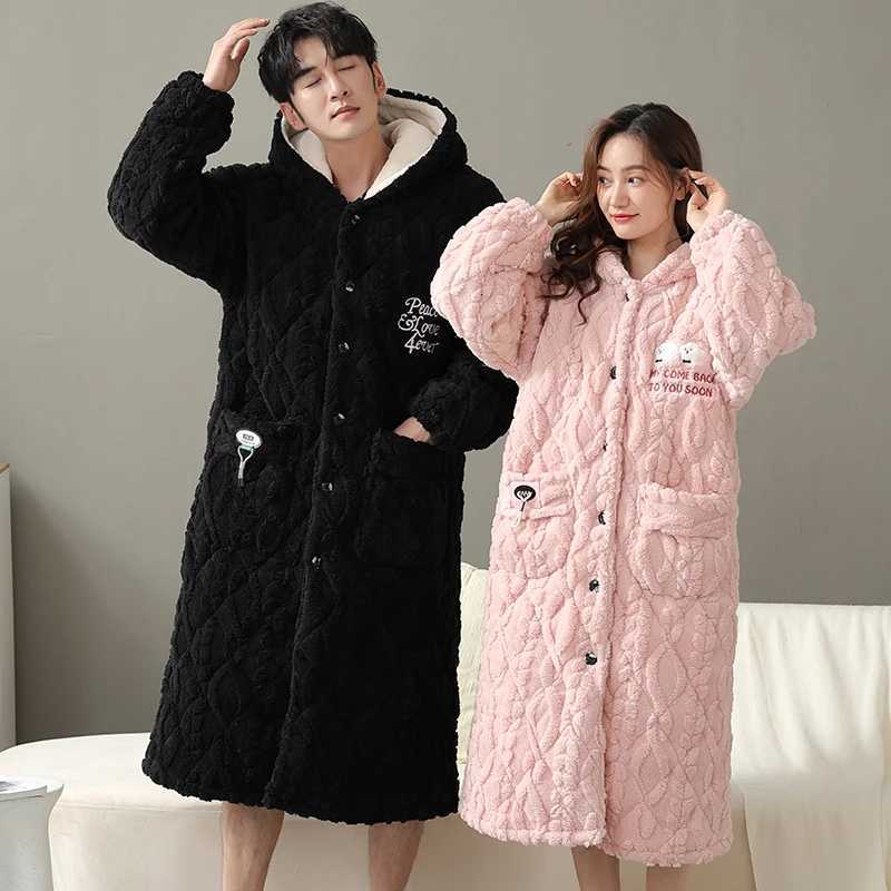 Thick 3-layer warm winter bathroom couple soft flannel bedding long kimono bathrobe womens dress mens coral Fce robe W241023