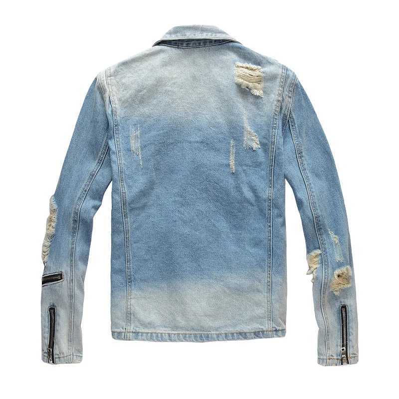 Sokotou mens ripped blue jeans motorcycle jacket sports shirt zipper lapel denim jacket X241023