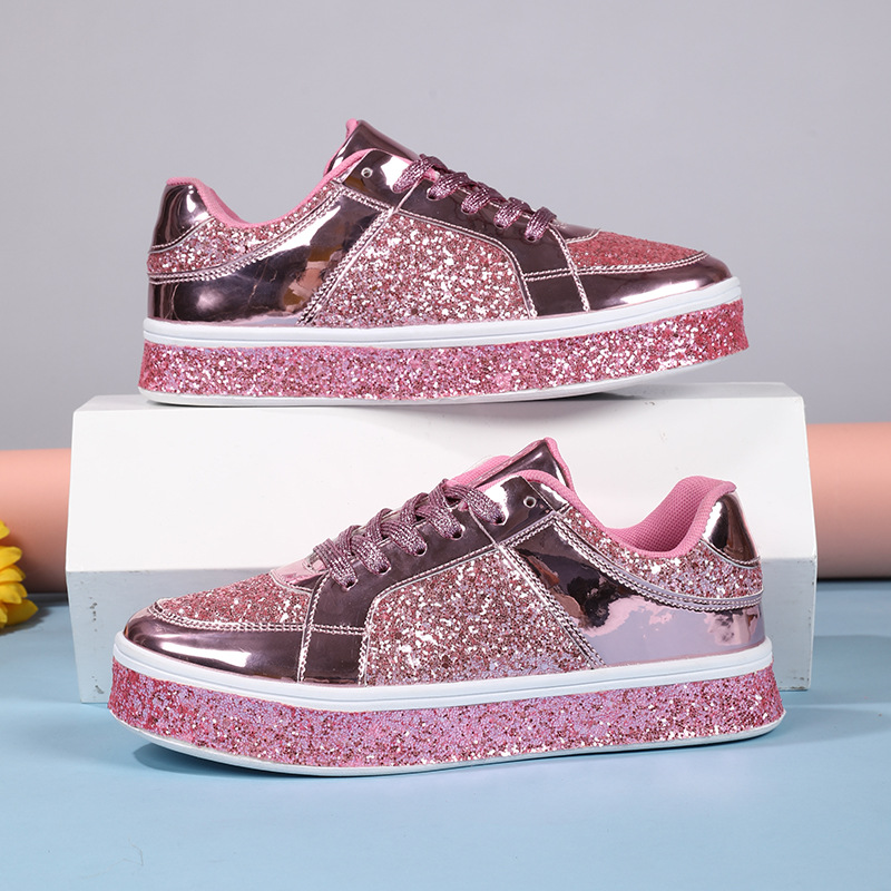 Korean version of the trend of casual thick soles board shoes new bright face fashion women's shoes low top lace-up flat shoes Pink fashion shoes