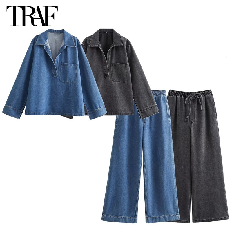 TRAF Womens Jeans Set 2-piece Blue Denim Trouser Womens Set Autumn Top Womens Pants Set 241023