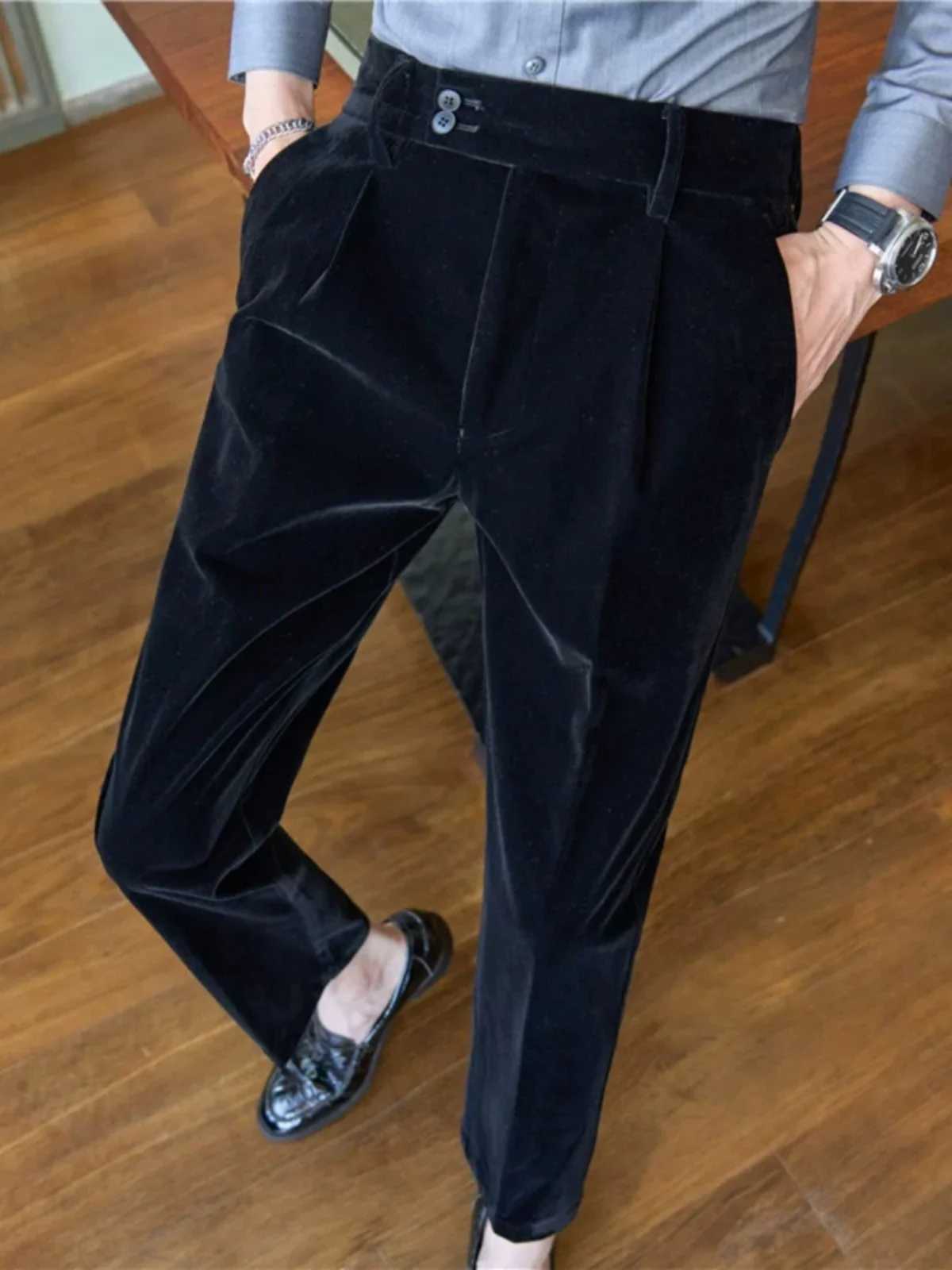 2023 Autumn Winter Velvet Suit Pants for Men Solid Color Casual Business Dress Pants Office Social trousers men clothingX241023