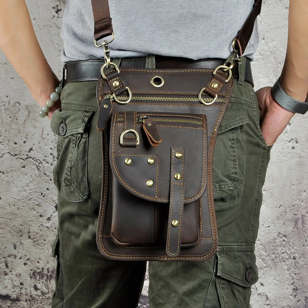High quality leather mens casual 8-inch flat messenger sling bag multifunctional fashionable travel belt bag leg hanging bag 241023