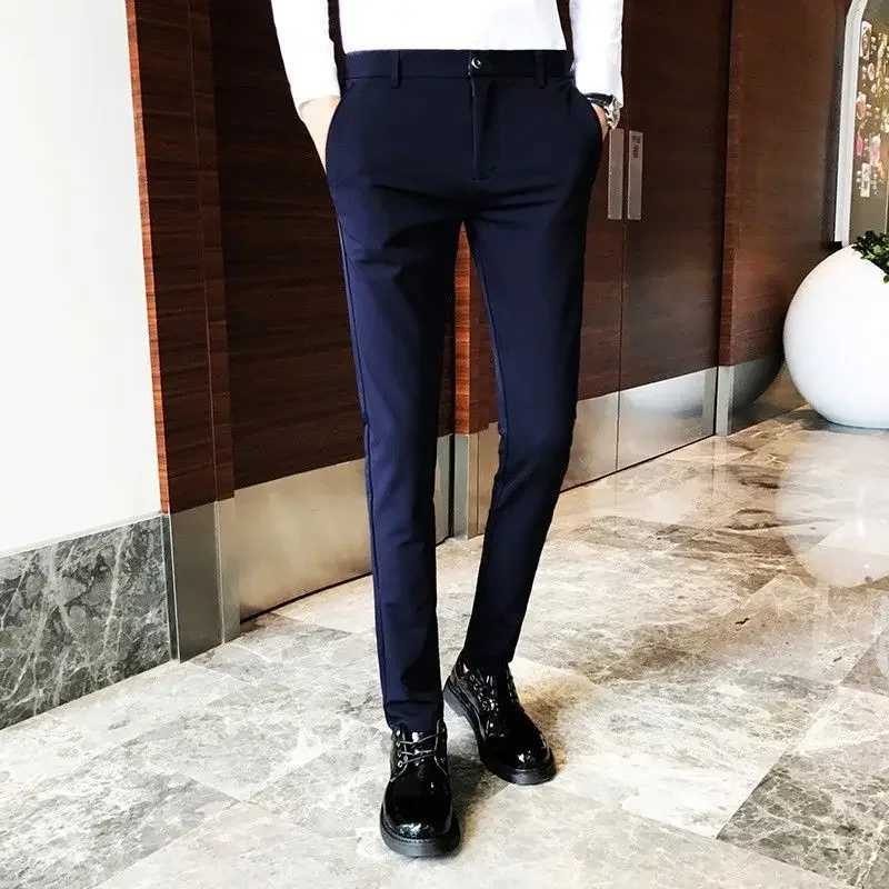 Elastic Business Tressed Male Suit Trousers 9 Cropped Fluid Stretch Social Tailoring Mens Summer Pants Draped Slim Fit FabricX241023