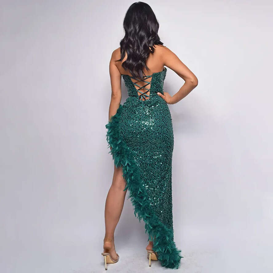 Evening Sparkle Sequined Feather Prom Dresses Sexy Sweetheart High Low Mermaid Women Ocn Party Gowns Bc16867