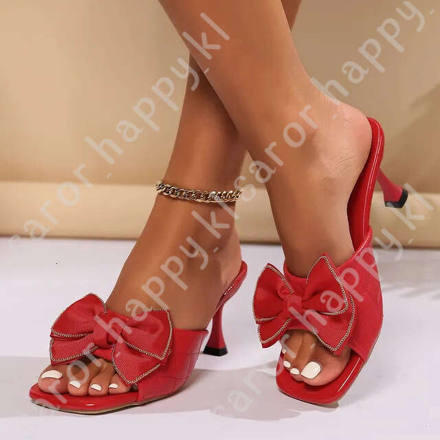 White Bowknot High Heels Sandals Women Fashion Square Open Toe Dress Pumps Woman Summer Sexy Thin Heeled Slippers Plus Size 42 146
