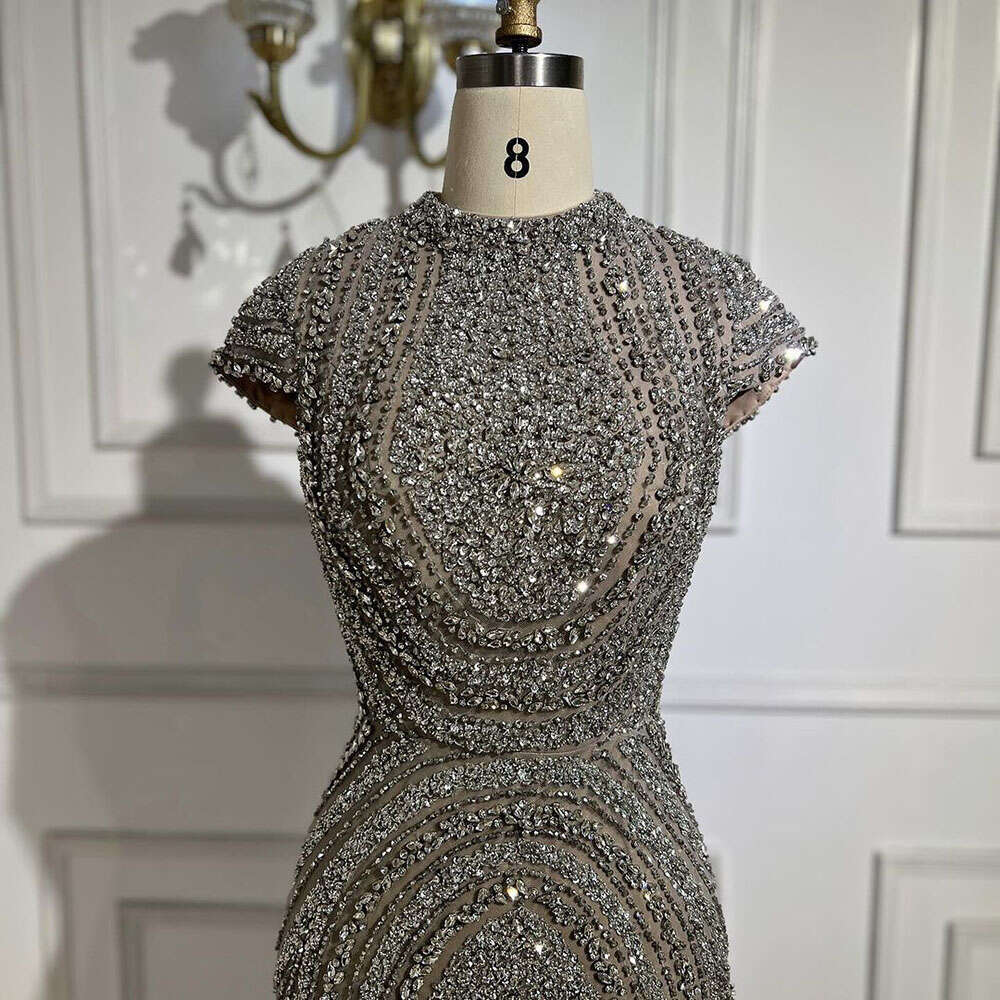 Serene Hill 2024 Arabic Dubai Gray Nude Mermaid or Length Beaded Evening Dresses Gowns for Women Party