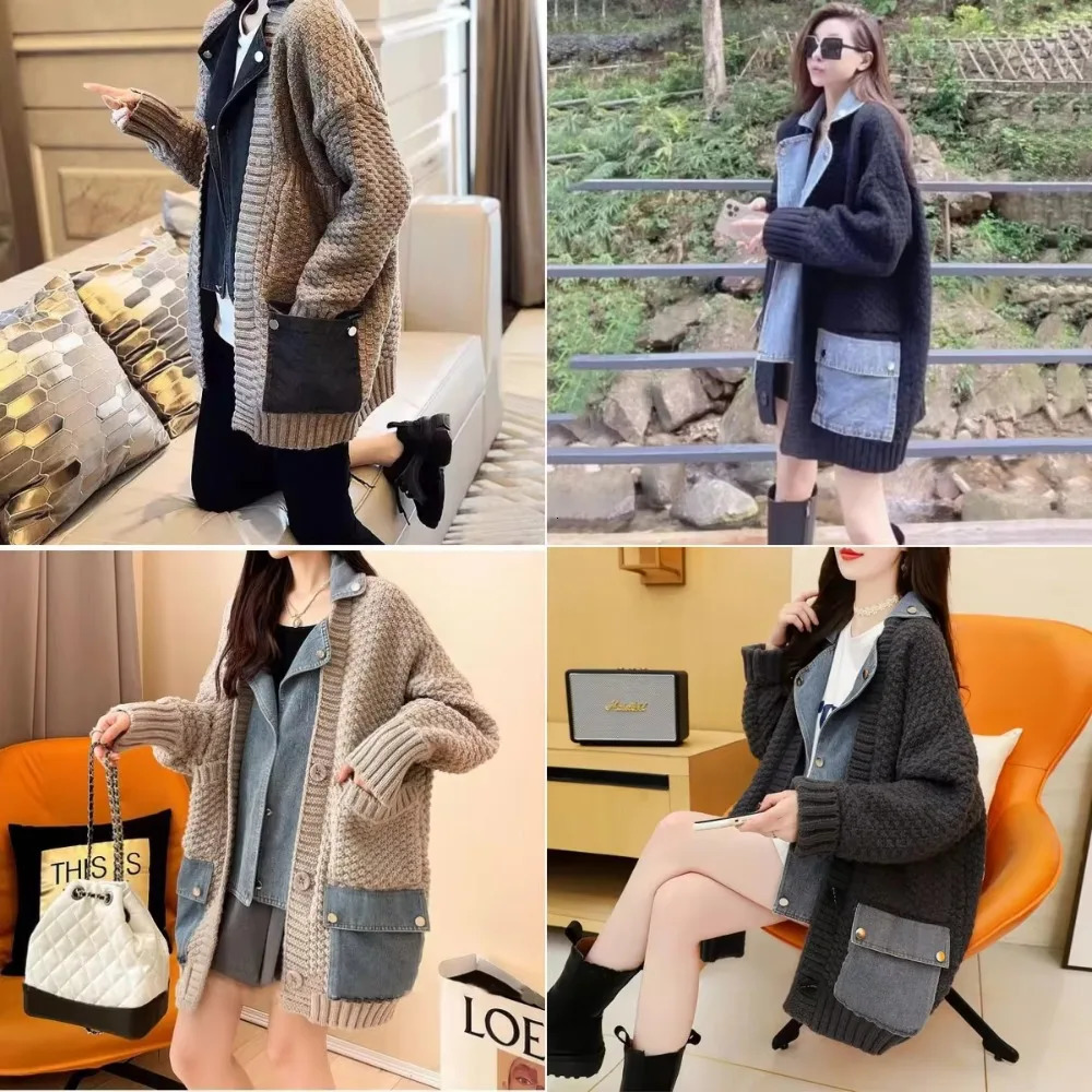 Autumn Winter Womens Splicing Denim Jacket Womens Long Sleeve Jeans Jacket Womens Loose Sweater Cardigan Jacket 241022