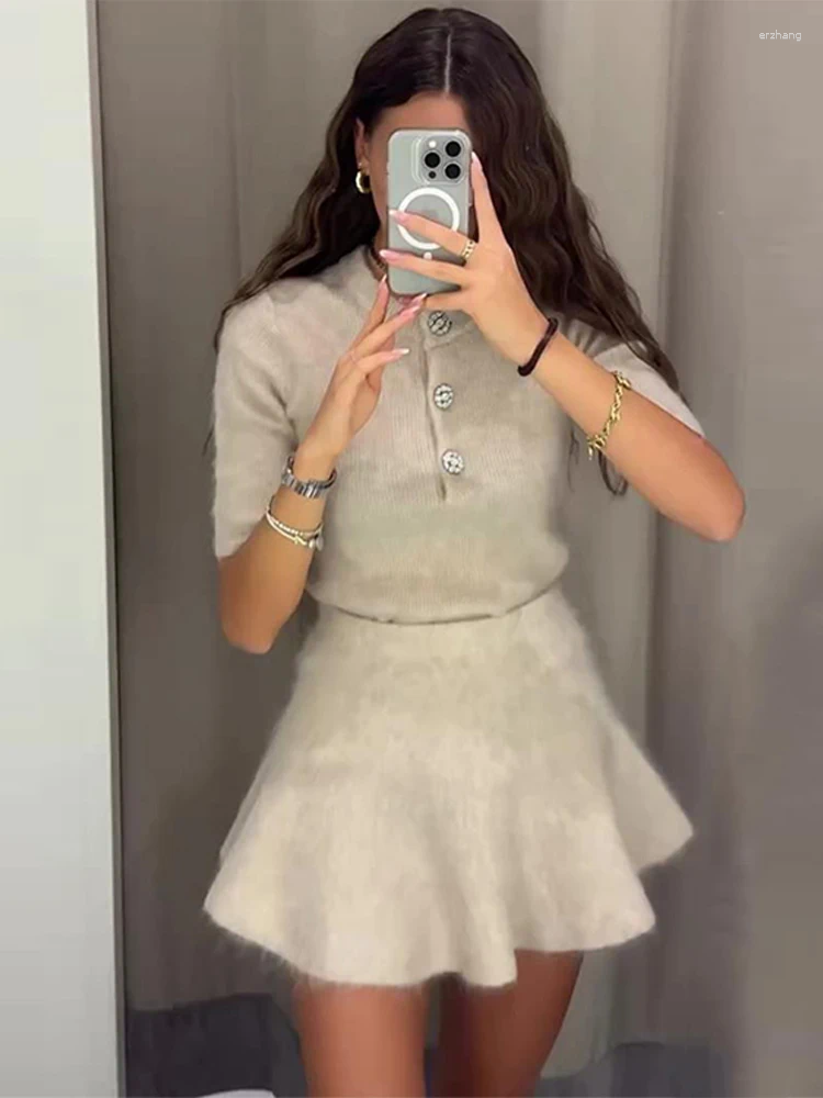 Work Dresses Mohair Sweater Skirt Sets Women Short Sleeve O-neck Pullover Mini Pleated Skirts Suits 2 Pieces Casual 2024 Autumn Lady Outfits