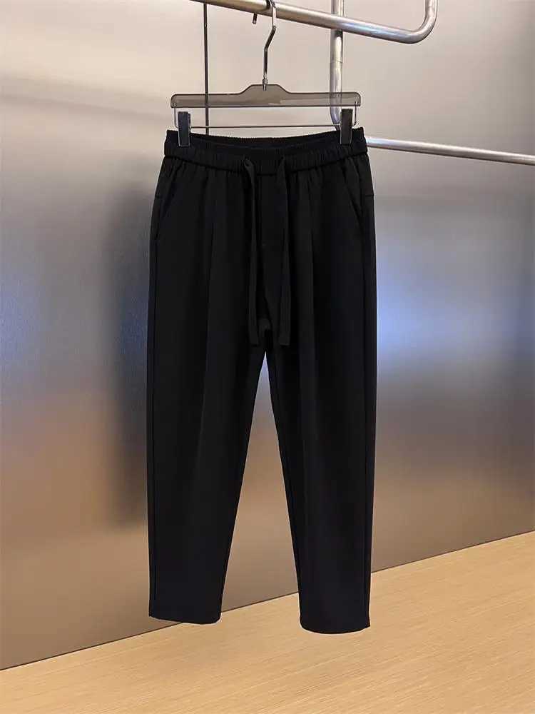 Simplicity Fashion Casual Summer Solid Ice Silk Mens Elastic Waist Drstring Pocket Trend Versatile Loose Straight Suit PantsX241023