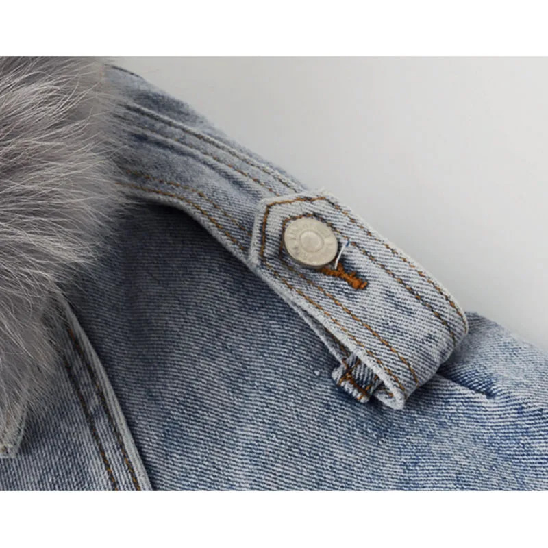 Fox Fur Collar Removable Rabbit Liner Denim Jacket Coat Women Outerwear Winter Loose Thick Warm Jeans Jackets Parka Female 241021