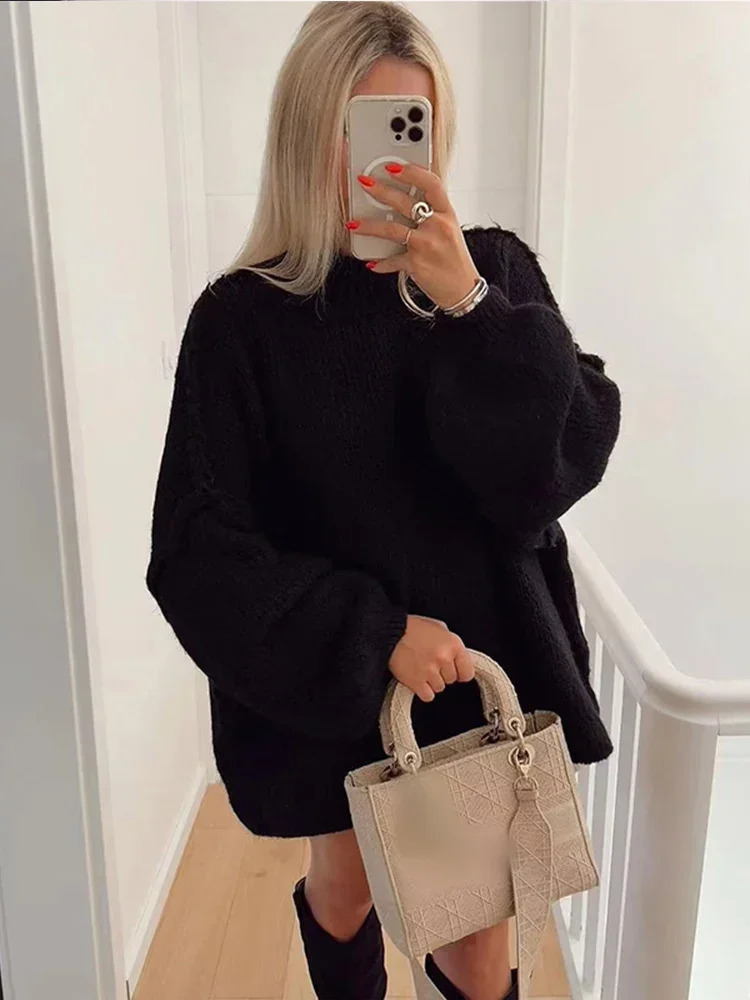 Casual Solid Knit Womens Sweater Lantern Sleeve Loose Lady Pullovers Spring Autumn Knitwear Thick Soft Warm Jumper Tops 241021