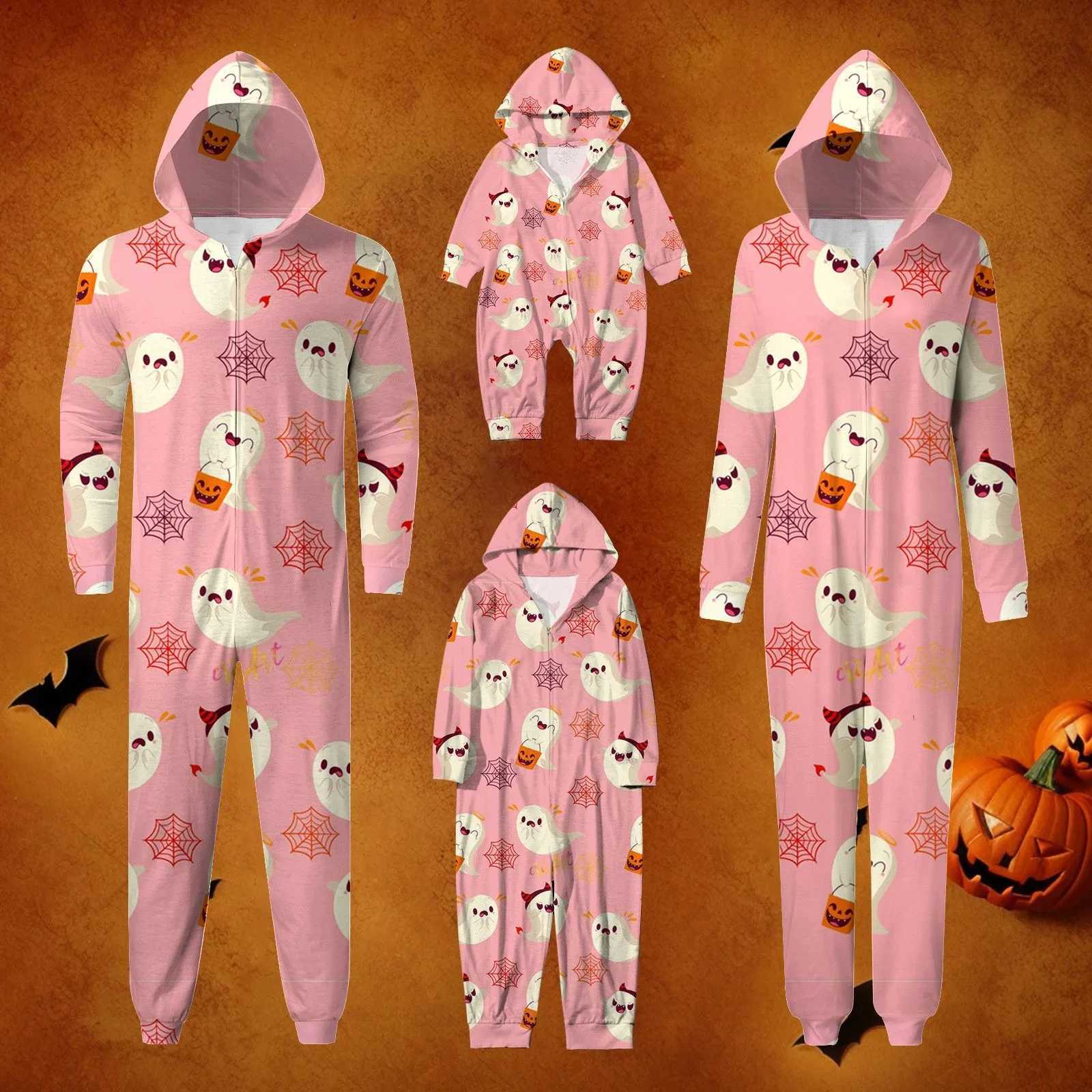 Halloween Family Costume Specter Cute Print Hooded Zipper Family Jumpsuit Family Christmas Pajamas Halloween Parent Child OutfitXJ241008