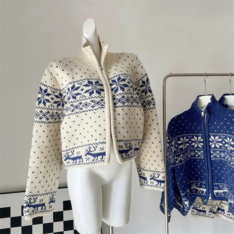 Vintage Snowflake Sweater Coat Womens Autumn Winter Fashion Loose Casual Soft Warm Beige Blue Christmas Knit Cardigan 241022