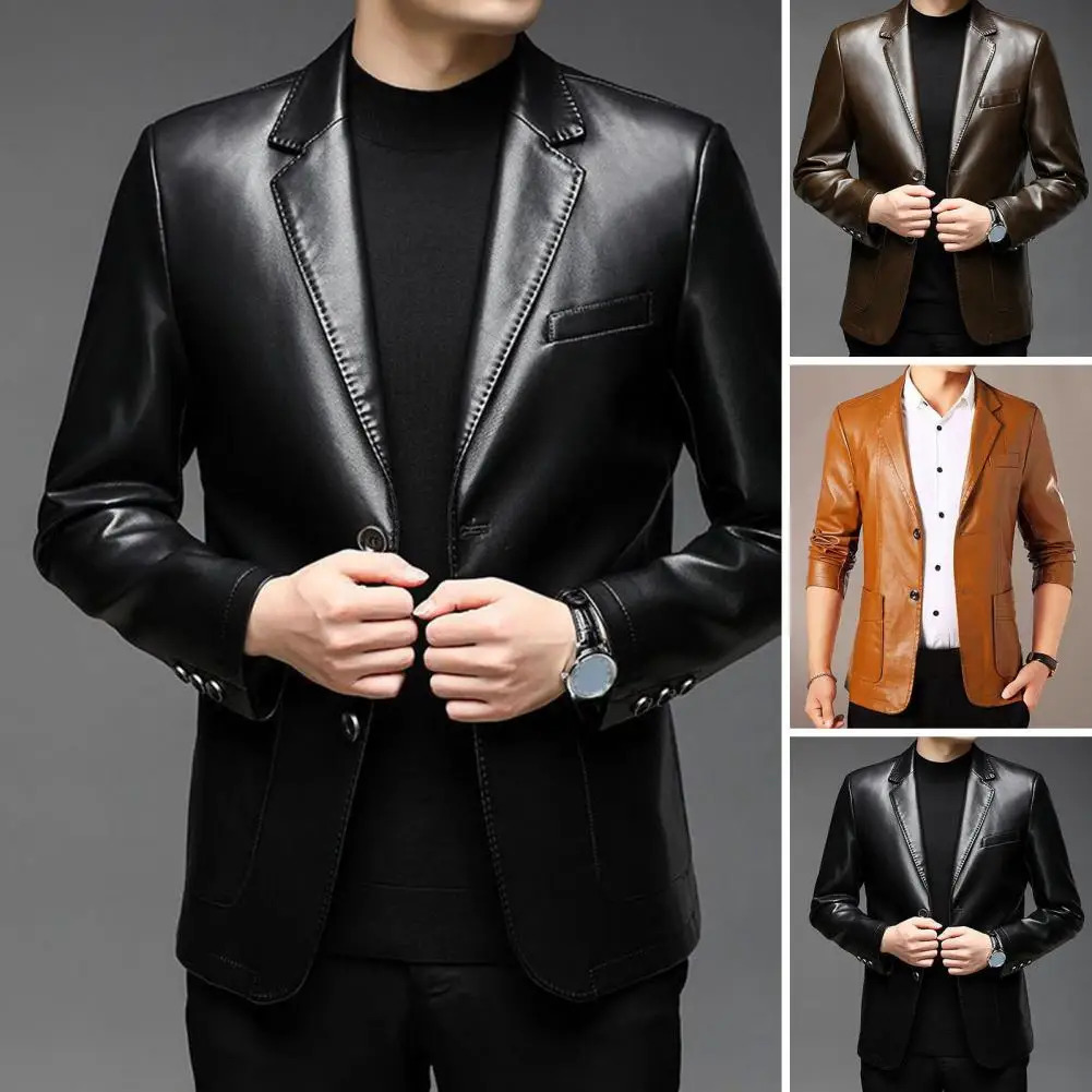 Premium Fabric mens jacket fashionable lapel mens jacket with button cuff pockets synthetic leather jacket suitable for outdoor business 241023