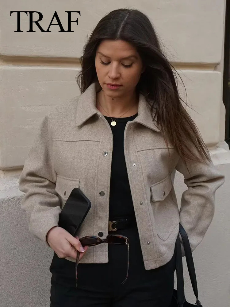 TRAF Womens Button Collar Jacket Womens Soft Coarse tweed Casual Coat Fashion Single Chest Short Coat Top 241023