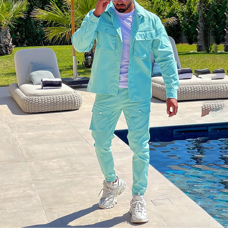 Mens jacket cargo pants set with pocket buttons spring and autumn blue track suit high-quality solid color mens fashion 2-piece set 241023