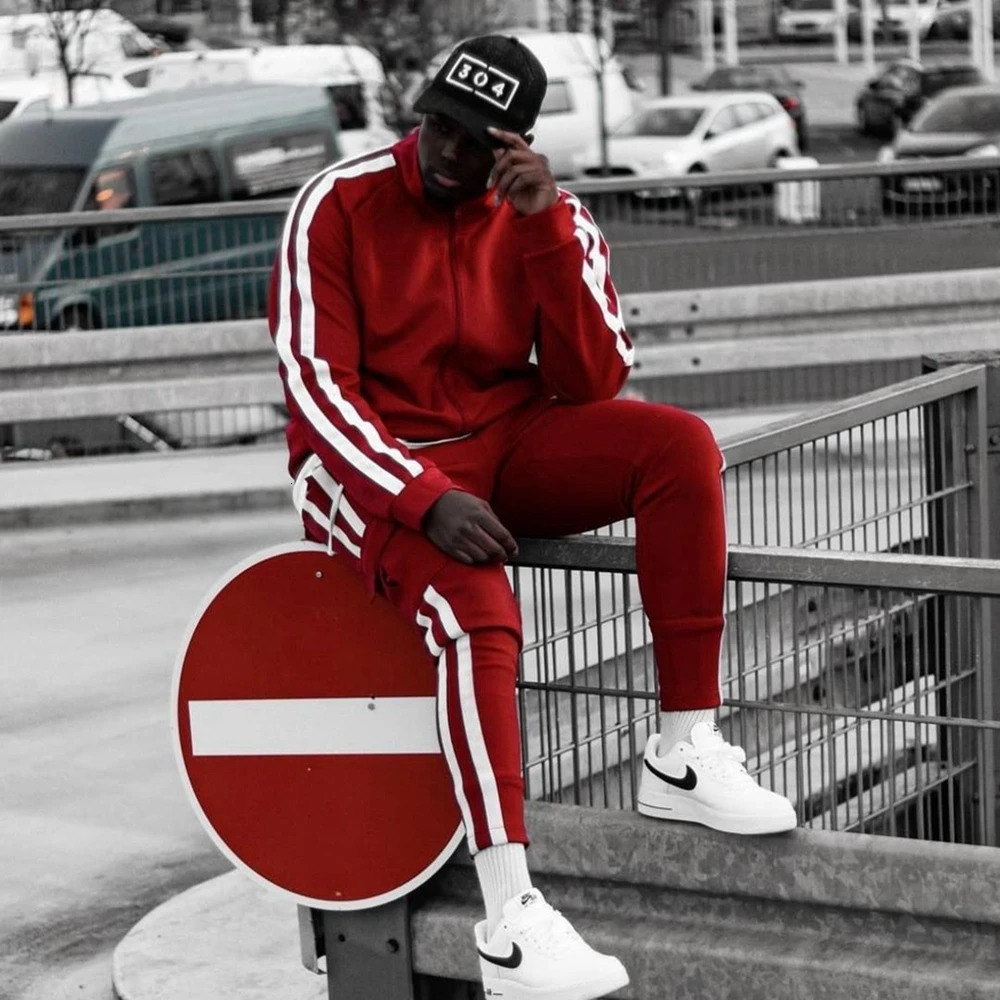 Mens training track and field suit gym suit sports suit red breathable top with cargo pants fitness jogging suit running suit 241022