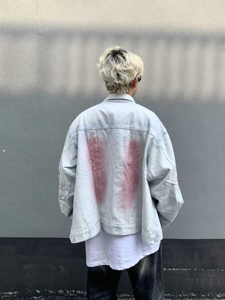 Y2K vintage denim jacket high stripes fashionable embroidered collar motorcycle jacket loose casual mens clothing X241023