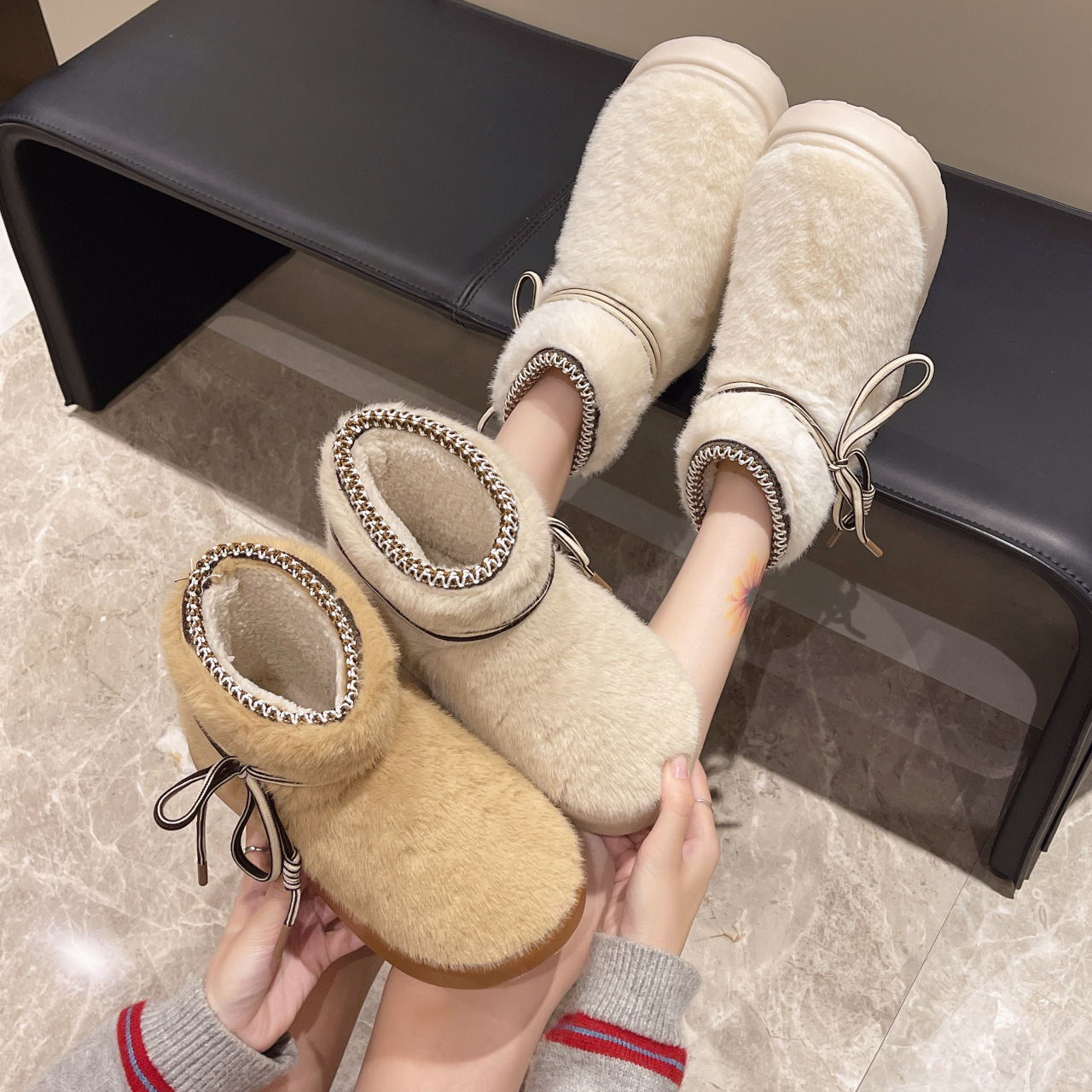 Winter Home Plush Warm Anti Slip High Cut Thick Soled Cotton Shoes