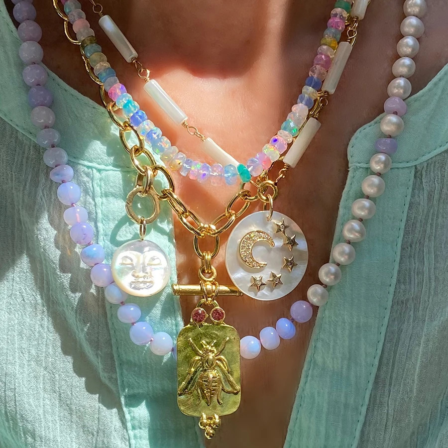 Chunky Statement Nelle Golden Bee pendant Talisman Tallys OOAK Hand Knotted Lavender Opal and Pearl Women Jewelry BohoNecklace 241023