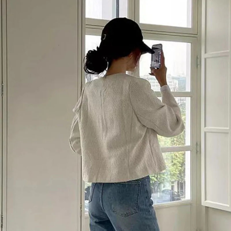 Womens coarse tweed single chest open top jacket elegant long sleeved jacket office O-neck solid top autumn warm jacket 241023