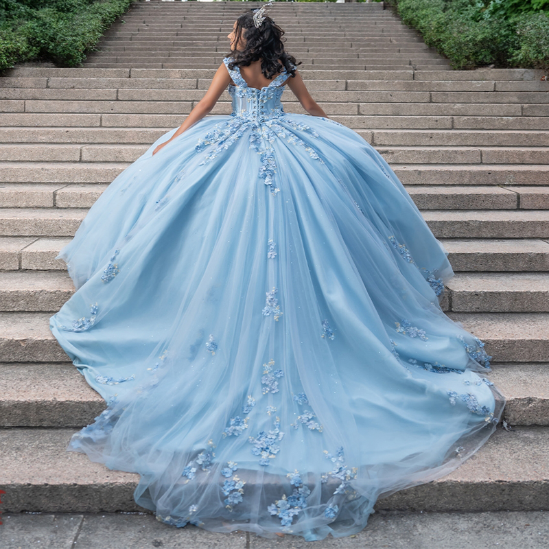 Sky Blue Sweetheart Quinceanera Dresses Off Shoulder Beading Applique Lace Tull Vestidos De 15 Anos Ball Gown Sweet 16 Dress