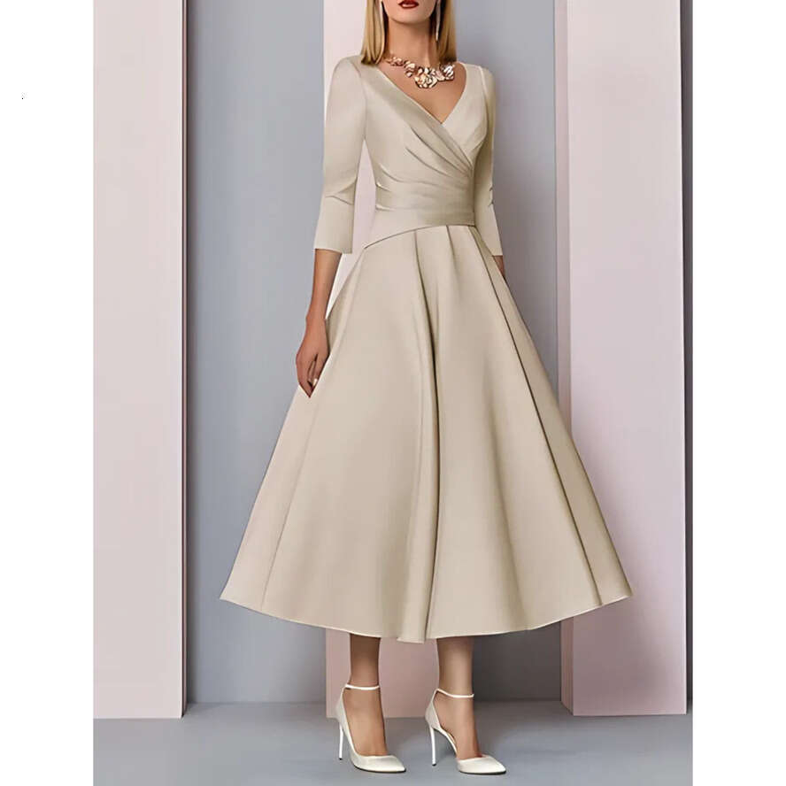 Sleeve Of 3/4 Vintage Bride Groom Tea Length A E Satin Dresses V Neck Zipper Back Mother Formal Party Gowns Bm5005