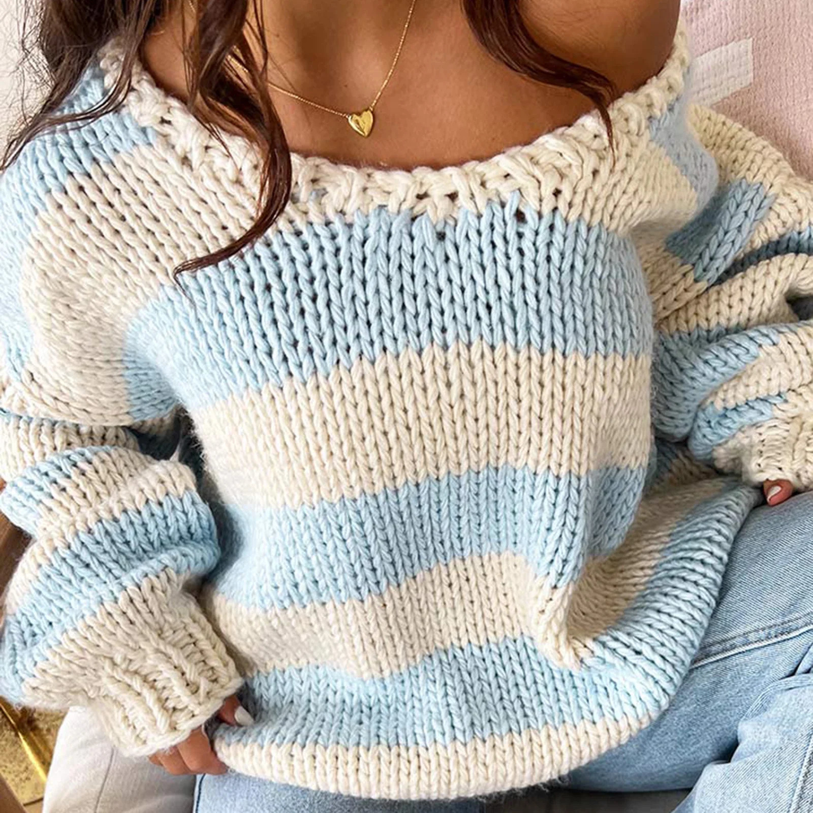 Womens Y2K Retro Fall Striped Contrast Color Sweaters Drop Shoulder Long Sleeve VNeck Loose Fit Knitted Pullover Tops 241021