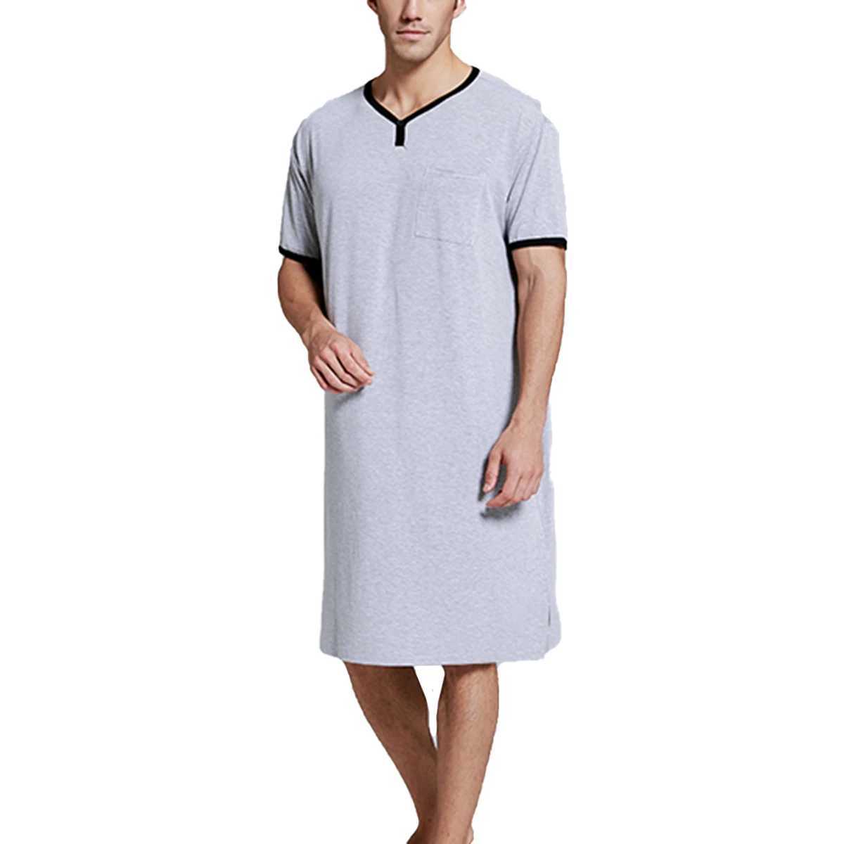Mens V-neck linen long sleeved Sve solid evening gown casual loose shirt Ktan Thobe with pocket W241023