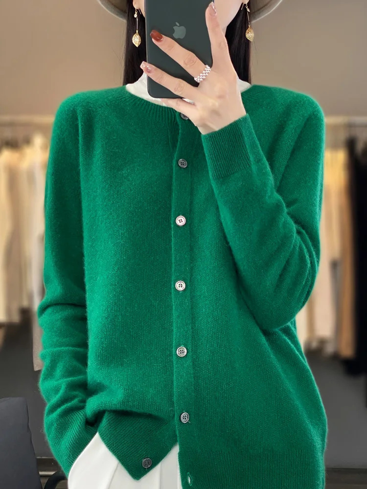 fashion spring womens O-neck elegant cardigan sweater 100% Merino wool solid cashmere knitted womens clothing Korean style top 241022