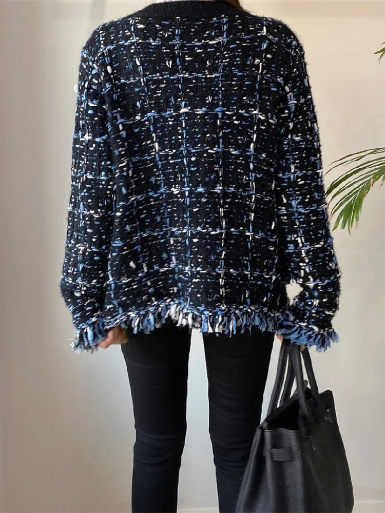 Korean fashion autumn V-neck tassel wool blend cardigan wool loose long sleeved sweater 241022