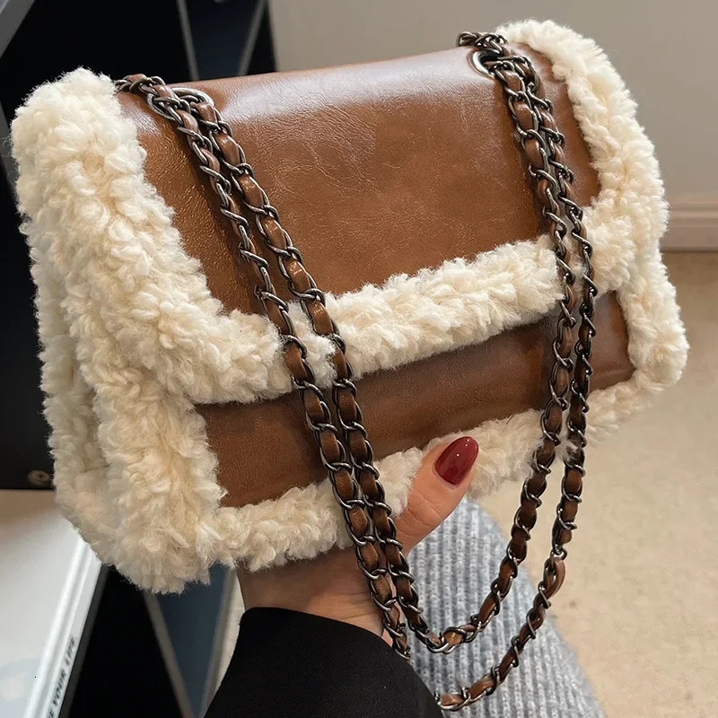 Retro Faux Fur Lambswool Handbag Womens Bag PU Leather Messenger Bags Ladies Tote Purses Chain Shoulder 241017