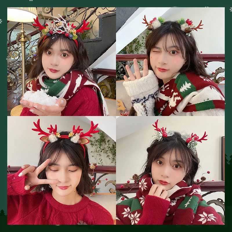 1Pcs Christmas Sweet Headband Elk Antler Girls Plush Reindeer Horn Flower Festival Clips Hair Band Kid Adult New Year Party GiftX241022