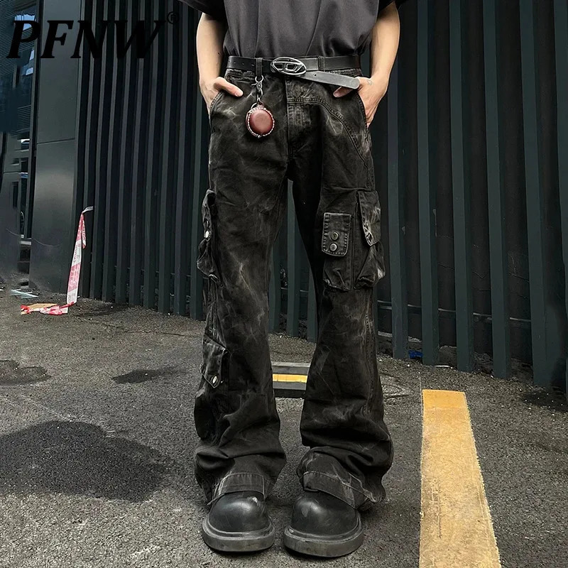 PFNW Dark Mens Denim Pants Tie Dye Multi Pocket Bottom Straight Wide Leg Boots Cut Mens Jeans Autumn 12C648 241022