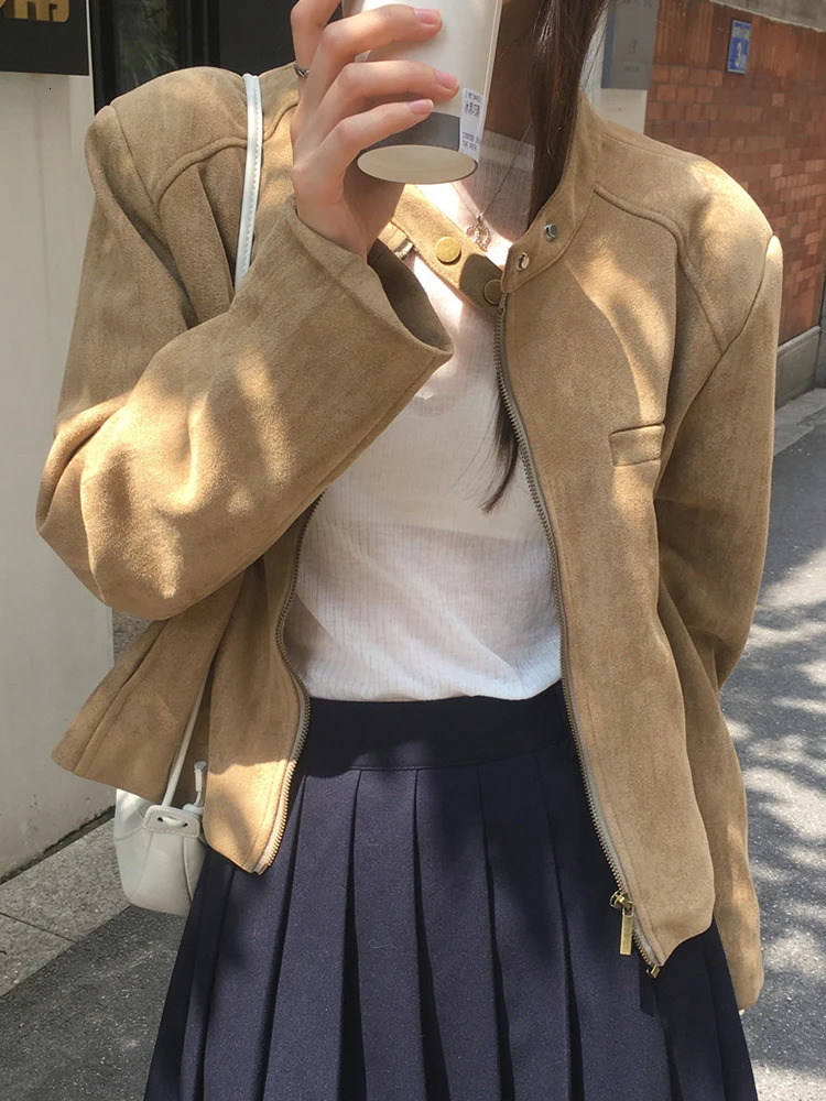 American style retro suede jacket winter warm thick zipper jacket long sleeved bicycle jacket casual short jacket trend 241023